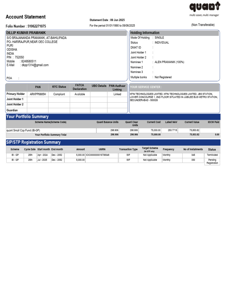 KFIN Account Statement Overview | PDF | Banks | Institutional Investors