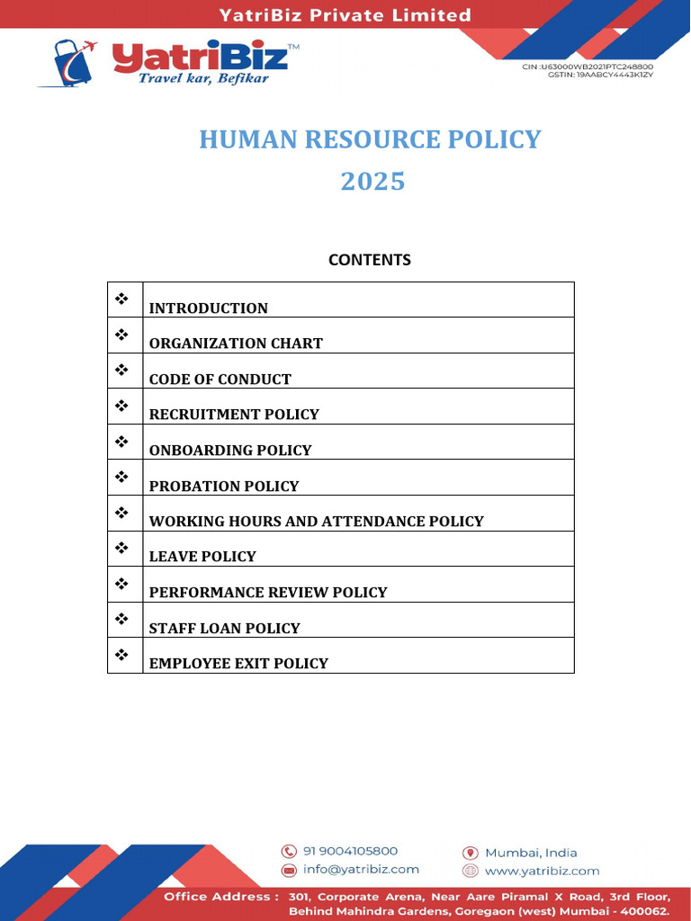 Human Resources Policies - YatriBiz | PDF | Parental Leave | Employment