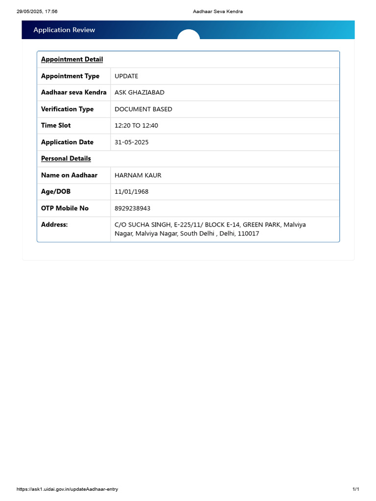 Aadhaar Update Appointment Confirmation | PDF