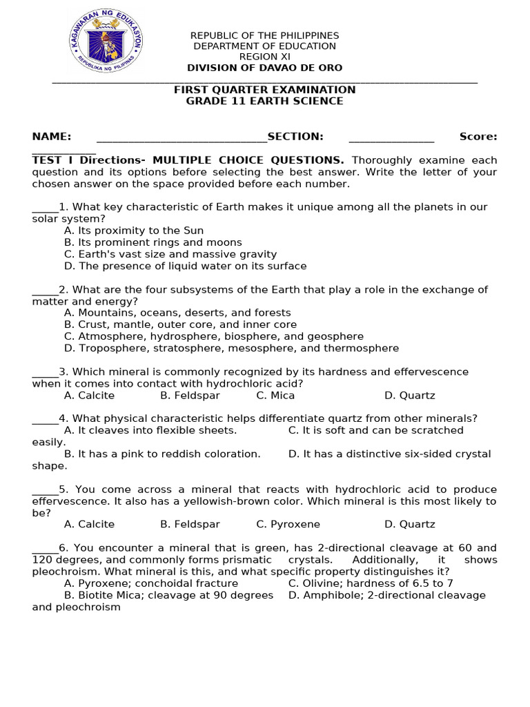 Grade 11 Earth Science Exam Questions | PDF | Rock (Geology) | Igneous Rock
