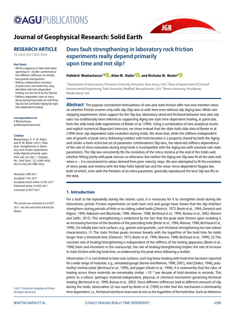 JGR Solid Earth - 2017 - Bhattacharya - Does Fault Strengthening in ...