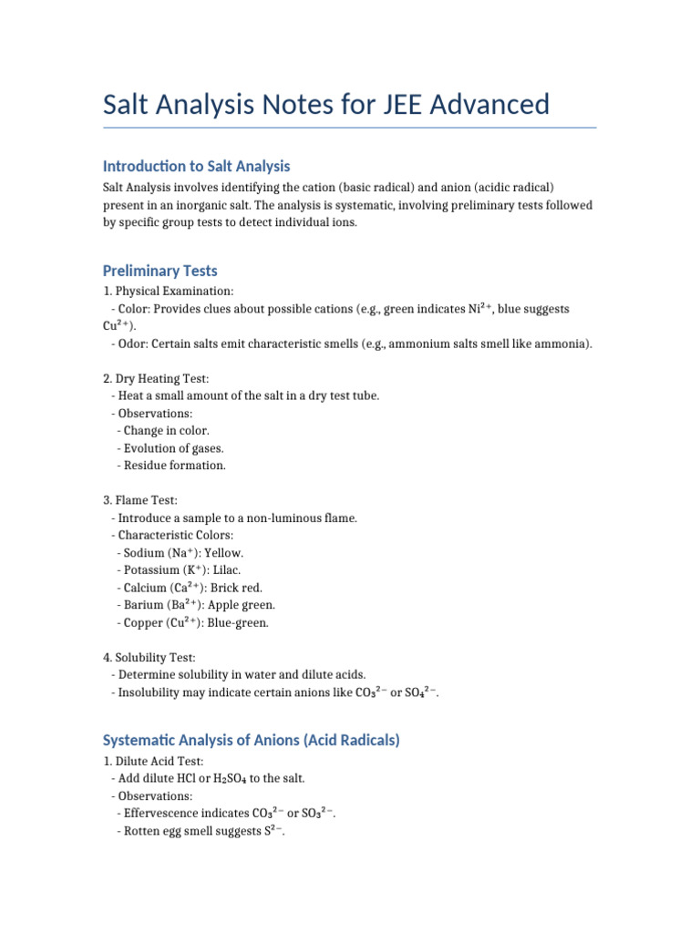 JEE Advanced Salt Analysis Guide | PDF | Salt (Chemistry) | Materials