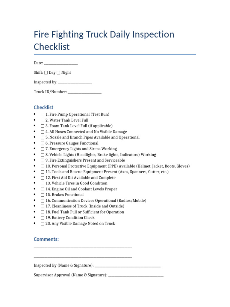 Fire Truck Daily Inspection Checklist | PDF