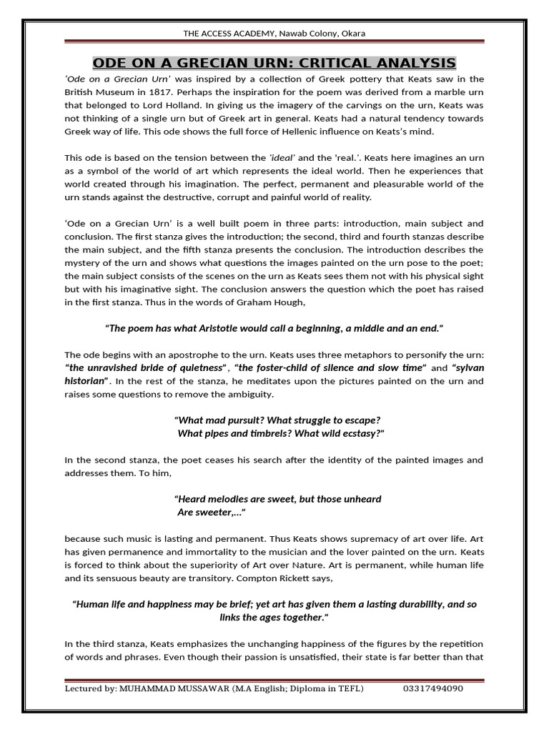 Ode On A Grecian Urn Critical Analysis | PDF | John Keats