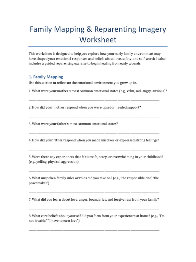 Family Mapping and Reparenting Imagery Worksheet | PDF | Emotions ...
