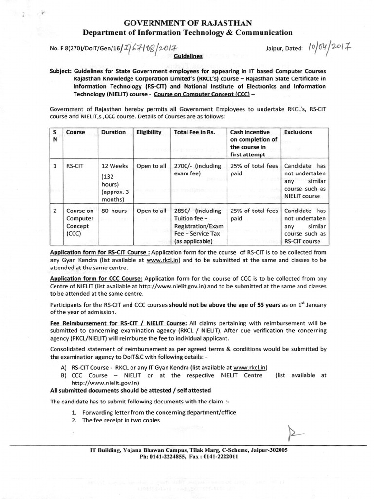 RSCIT Course Fees and Guidelines 2025 | PDF