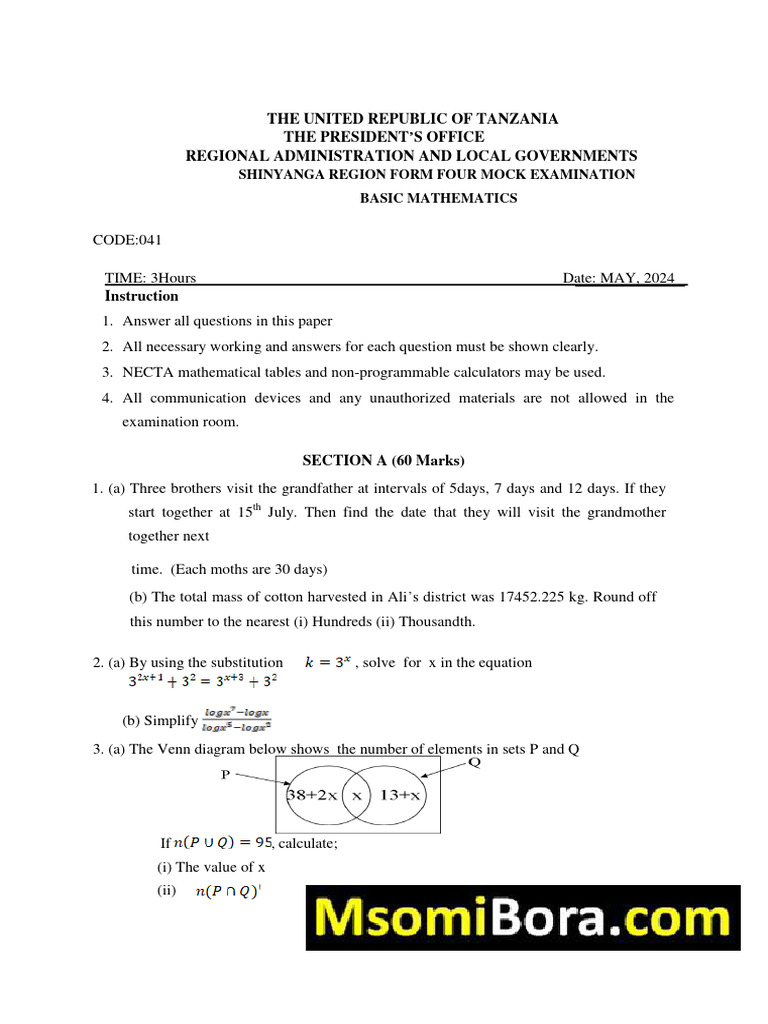 Shinyanga Form Four Mock Exam 2024 | PDF | Area | Matrix (Mathematics)