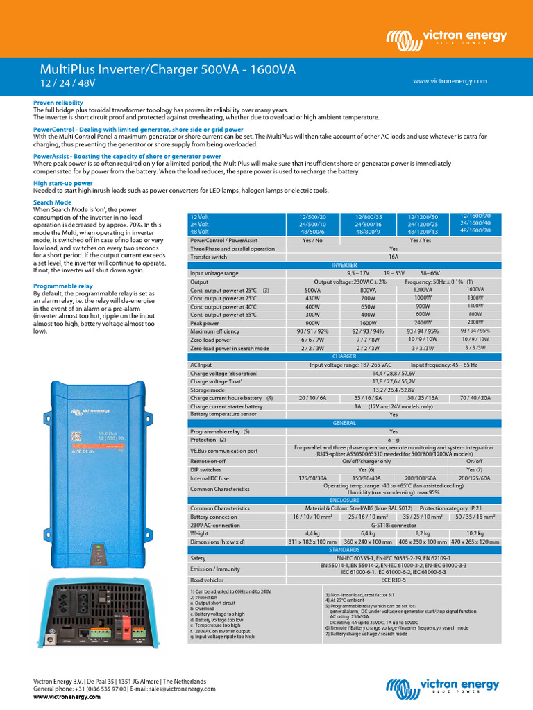 MultiPlus 500VA 1600VA Datasheet | PDF | Power Inverter | Battery Charger