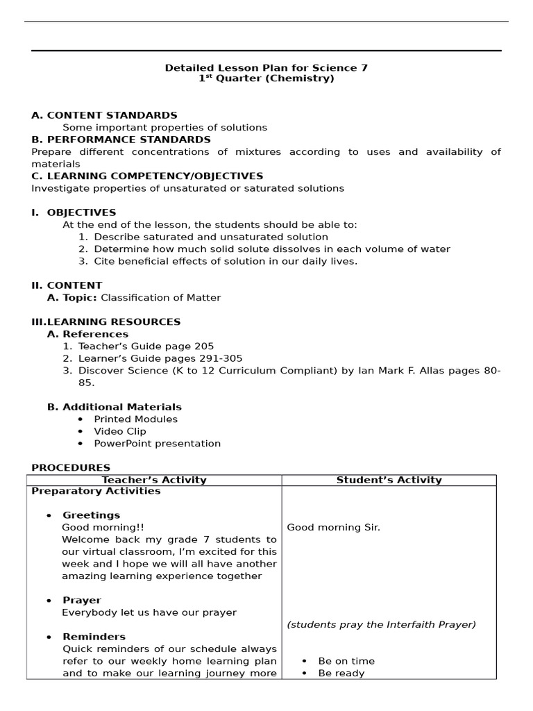 Science 7 Lesson Plan: Solutions | PDF | Solubility | Chemistry