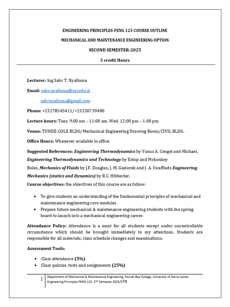 Engineering Principles FENG 123 Course Outline | PDF | Pressure ...