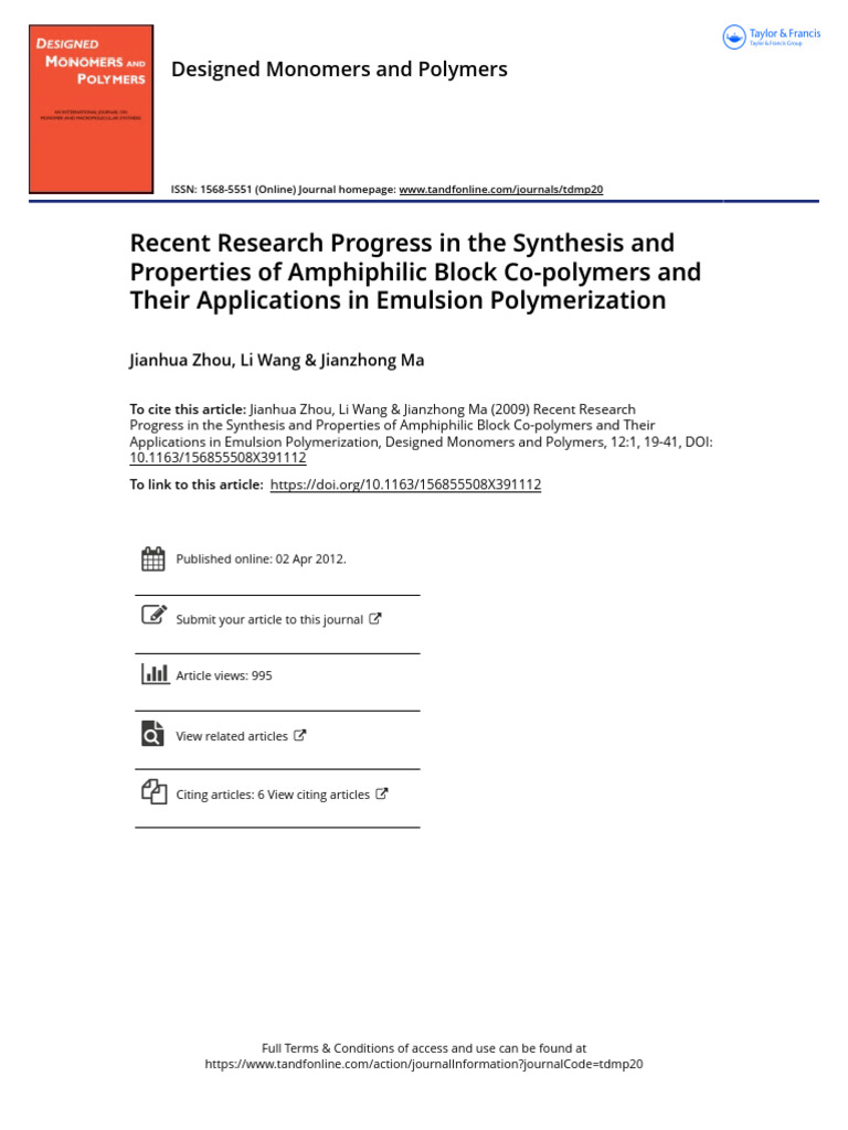 Recent Research Progress in The Synthesis and Properties of Amphiphilic ...