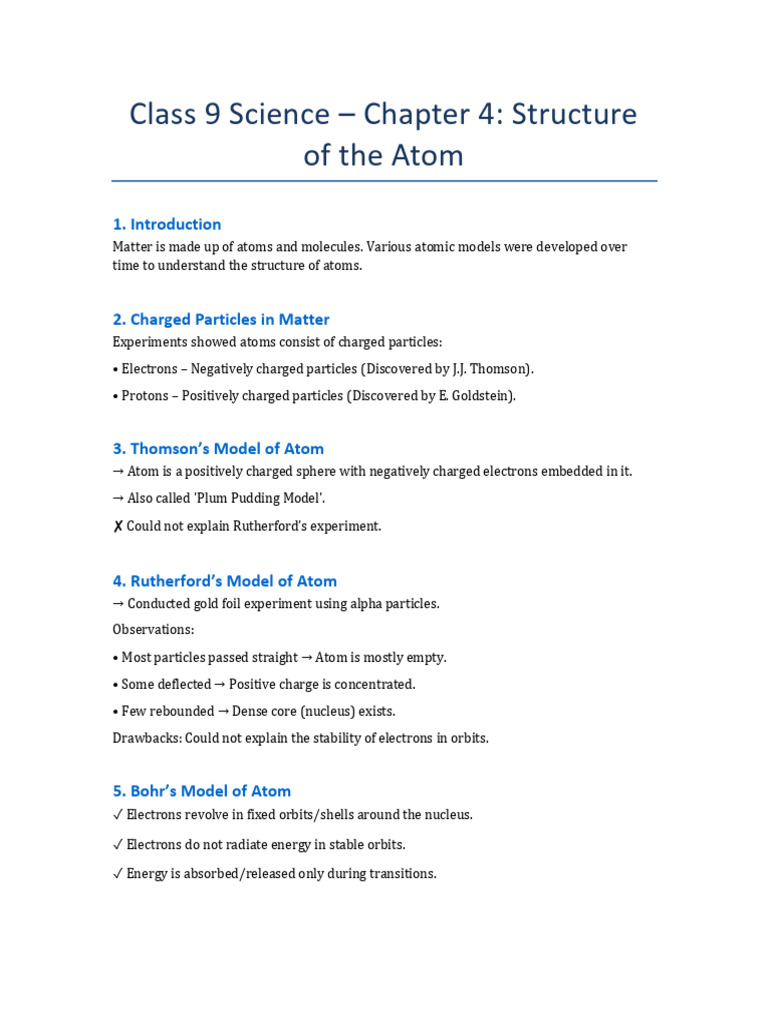 Structure of the Atom - Class 9 Notes | PDF | Atoms | Atomic Nucleus