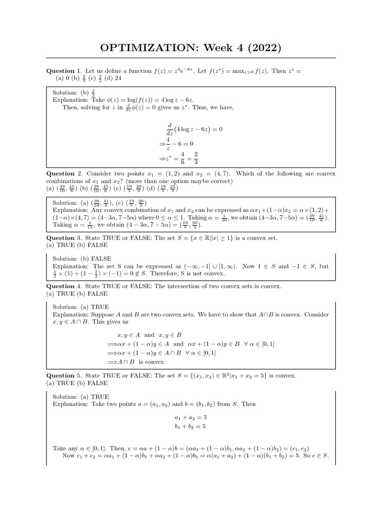 Optimization Week 4 Solutions 2022 | PDF | Convex Set | Convex Geometry