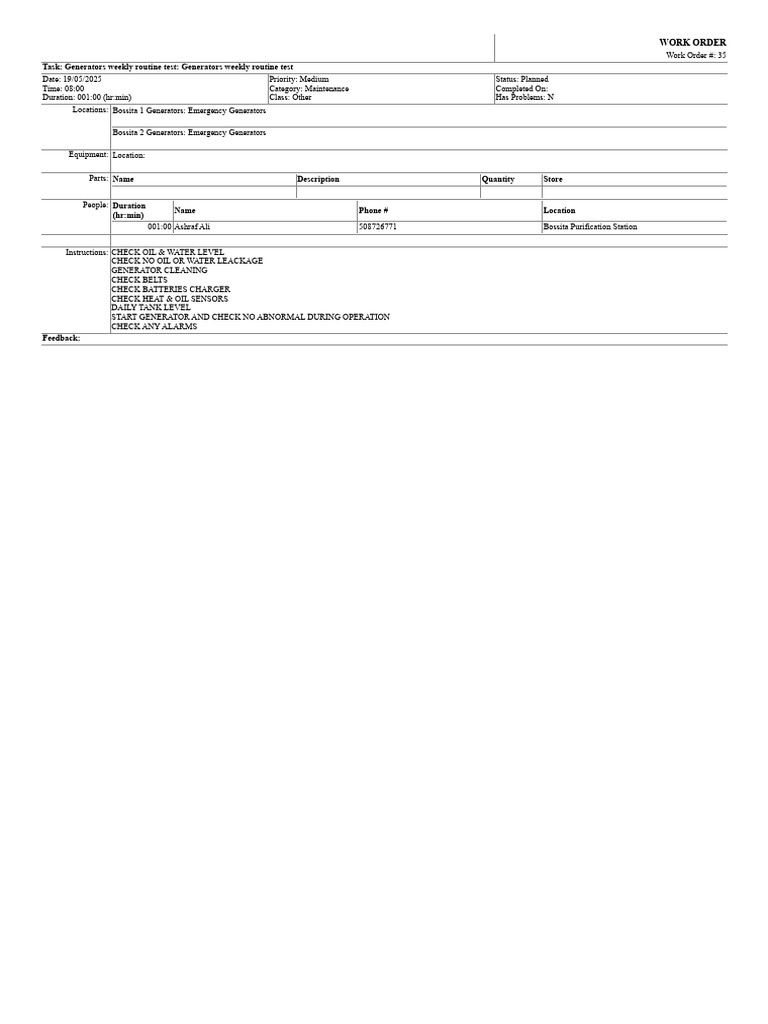 Weekly Generator Maintenance Work Order | PDF