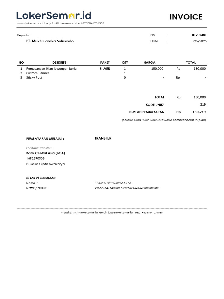 Invoice PT Mukti Caraka Solusindo | PDF