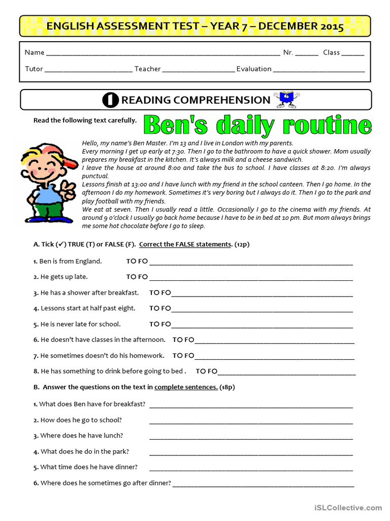 4-Page Test - 7th Year - Daily Routines | PDF | Lunch | Meal