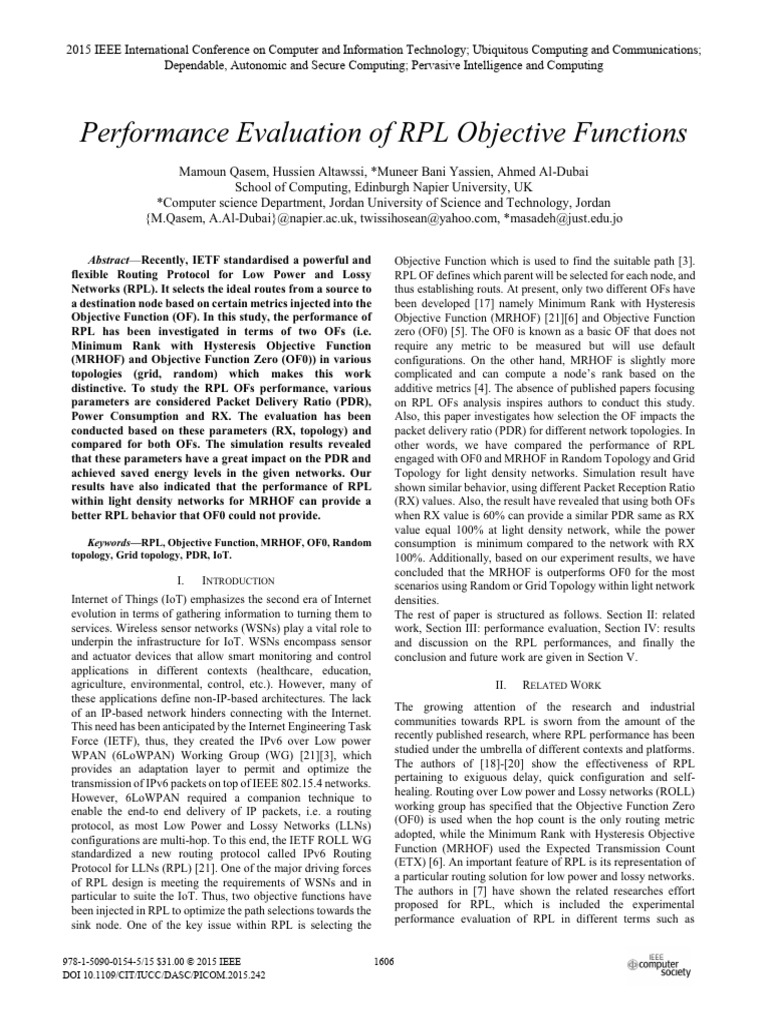 RPL Objective Functions Performance Analysis | PDF | Routing | Network ...