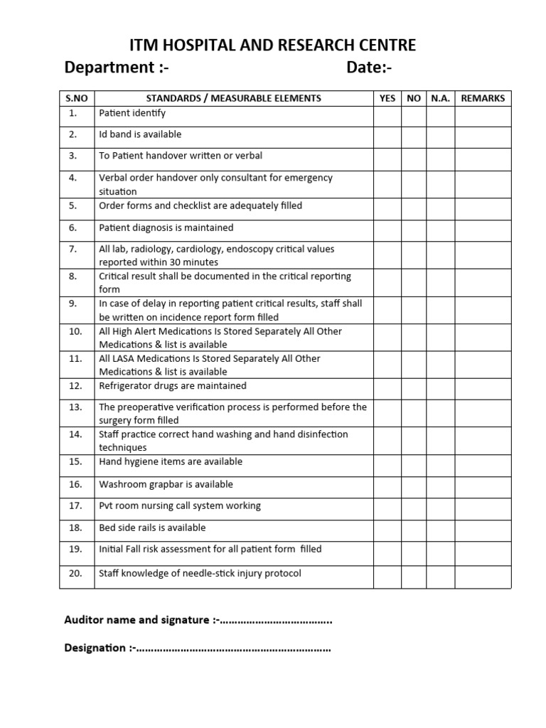 ITM Hospital Patient Safety Standards Checklist | PDF