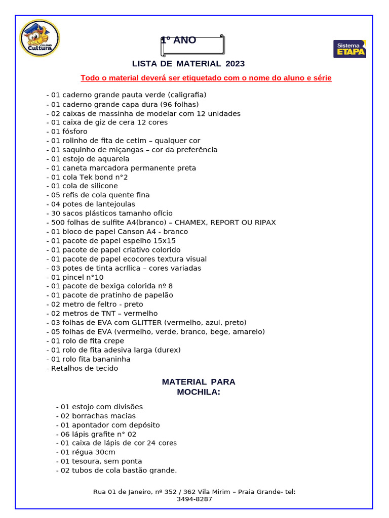 Lista de Material Escolar 1º Ano 2023 | PDF