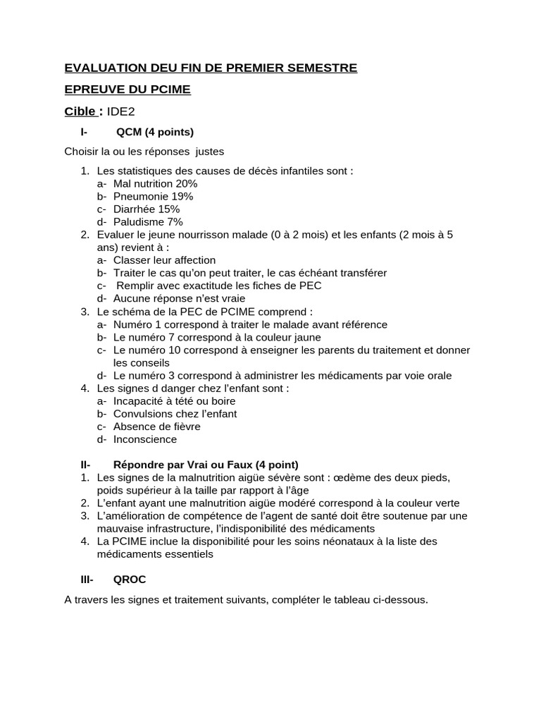 Évaluation PCIME : Fin Semestre IDE2 | PDF | Malnutrition | Médecine