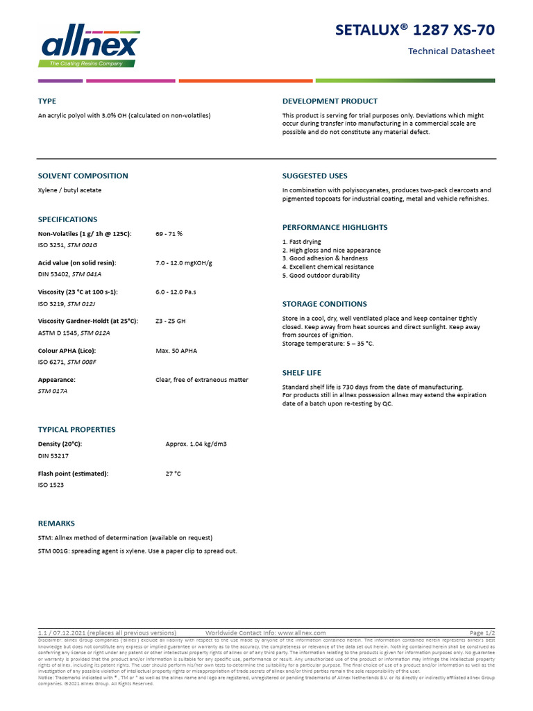 SETALUX® 1287 XS-70 Technical Datasheet | PDF | Intellectual Property ...