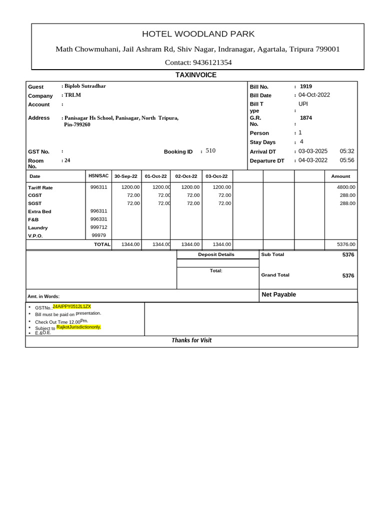 Hotel Woodland Park Invoice Details | PDF | Government | Public ...