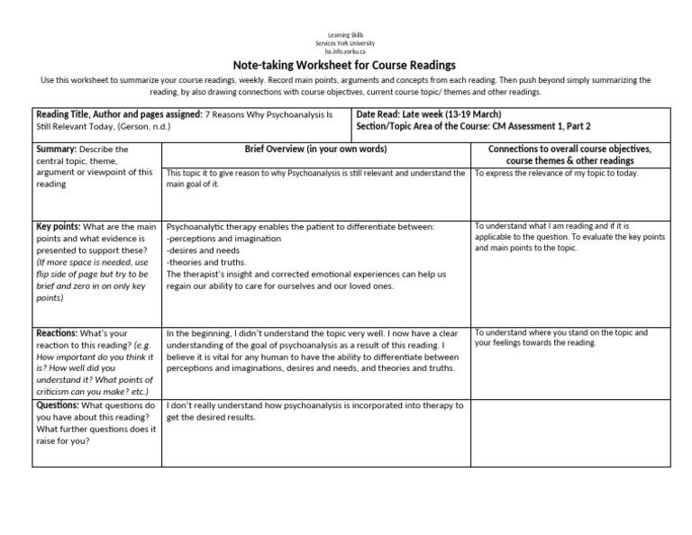 Psychoanalysis Relevance Summary Worksheet | PDF | Psychoanalysis | Reason
