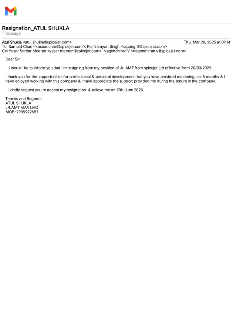 Gmail - Resignation - ATUL SHUKLA | PDF