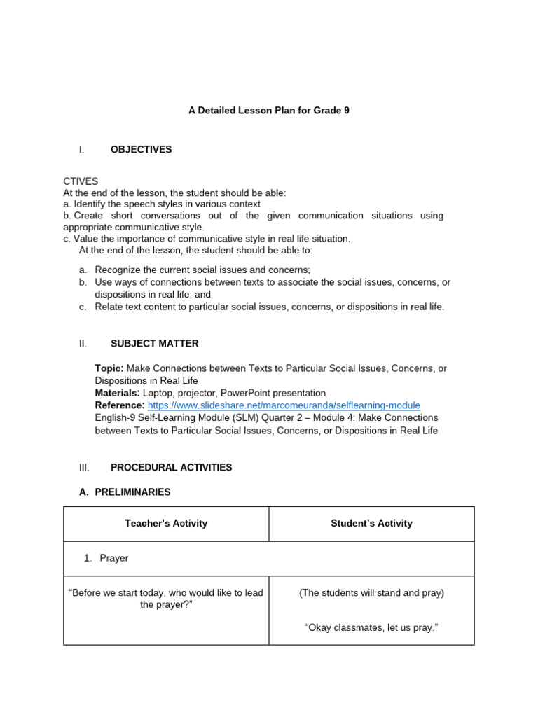 A Detailed Lesson Plan For Grade 9 Make Connections Between Texts To ...
