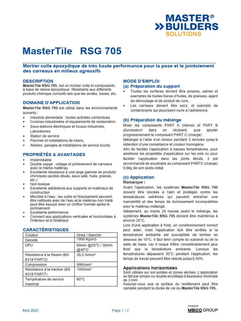 Mortier époxydique MasterTile RSG 705 | PDF | Mortier (matériau) | Époxy