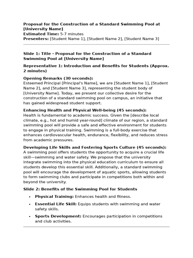 Swimming Pool Proposal for University | PDF | Swimming | Physical Fitness