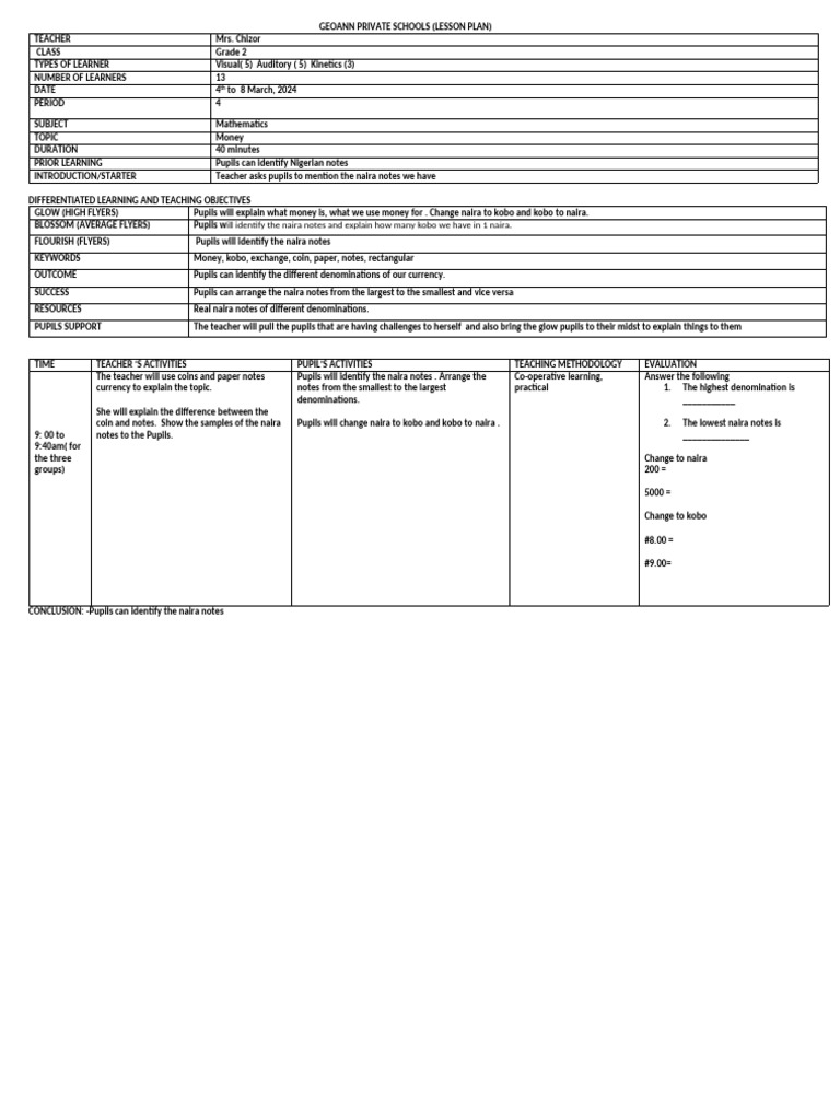 Grade 2 Math Lesson Plan on Money | PDF | Lesson Plan | Teaching