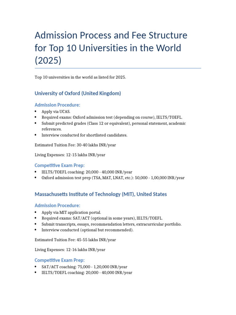 Top Universities Admission 2025 Updated | PDF | University And College ...