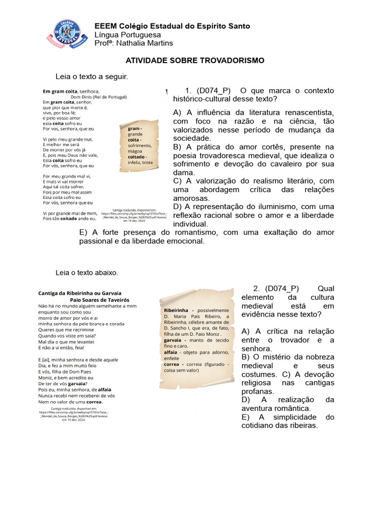 Atividade sobre Trovadorismo Medieval | PDF | Amor | Romantismo