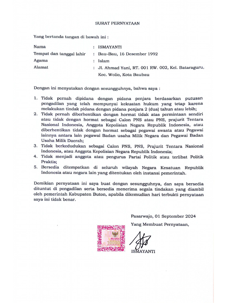 Surat Pernyataan Lengkap Pdf