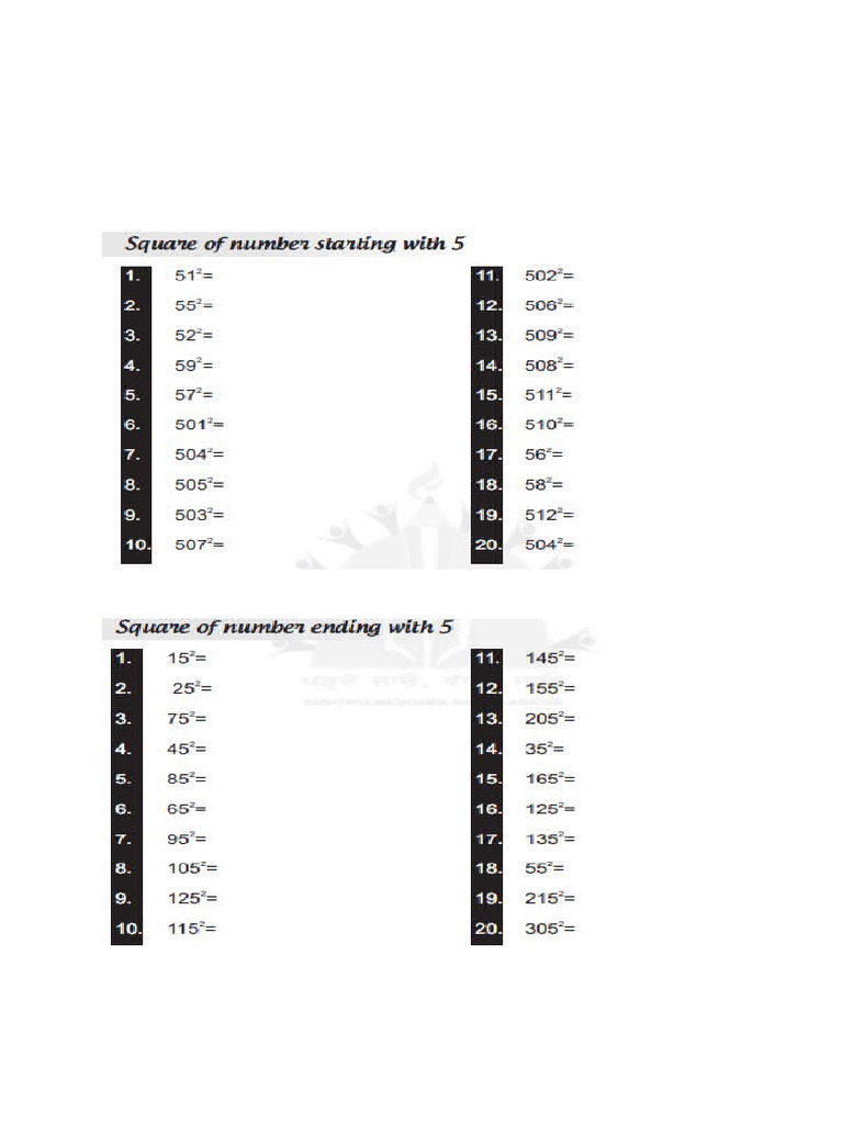 Vedic Maths Worksheet Squaring With 5 Pdf