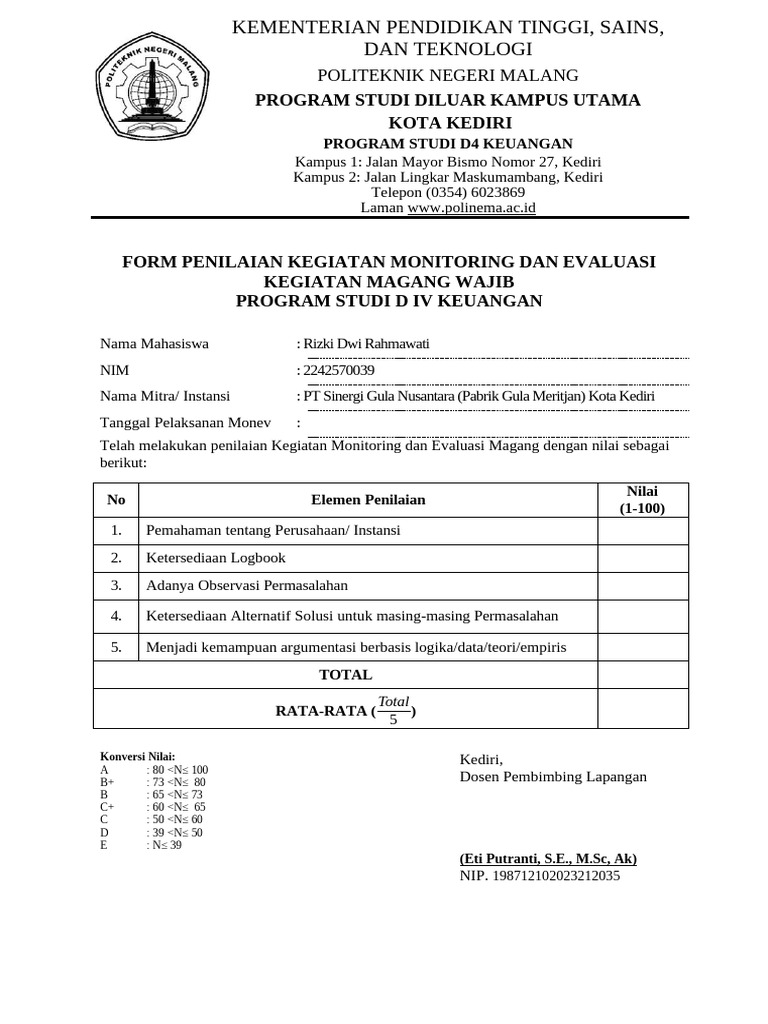 D IV - Draft Form Penilaian Monev | PDF