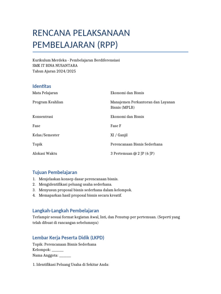 RPP Pembelajaran Bisnis SMK 2024/2025 | PDF