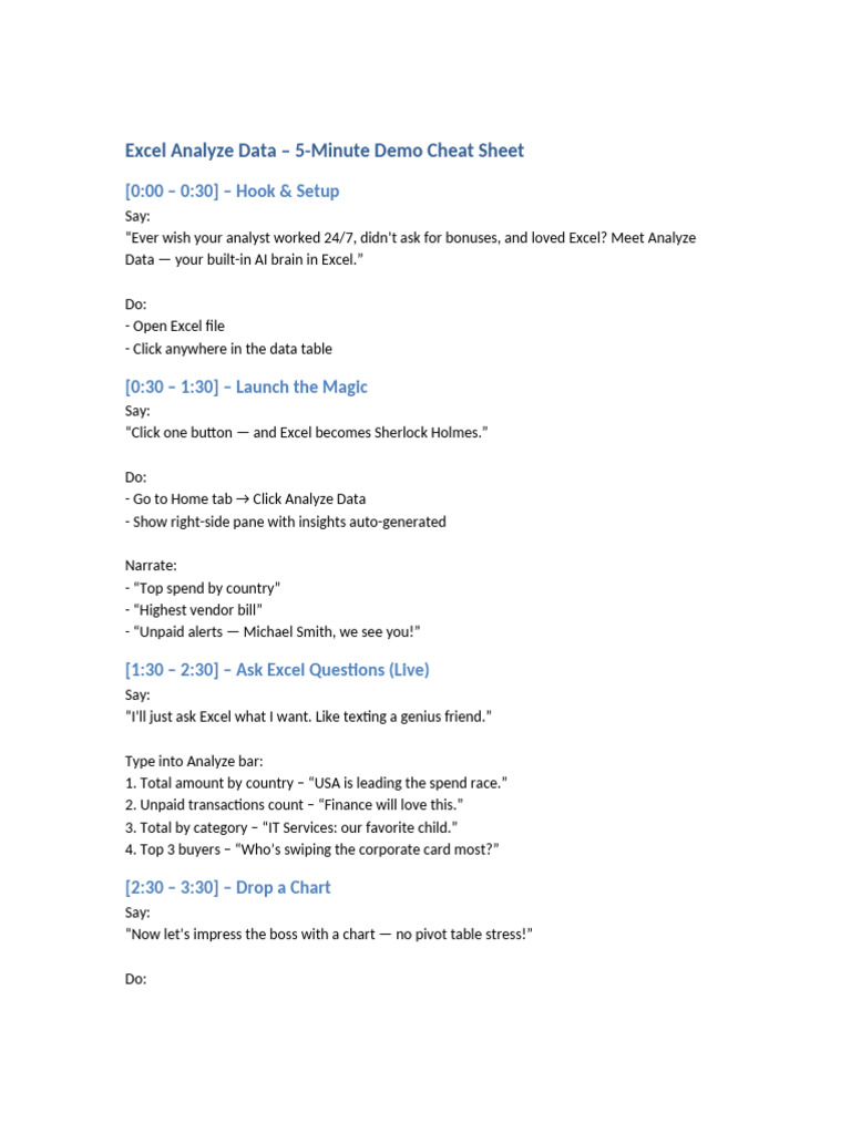 Excel Analyze Data Cheat Sheet | PDF