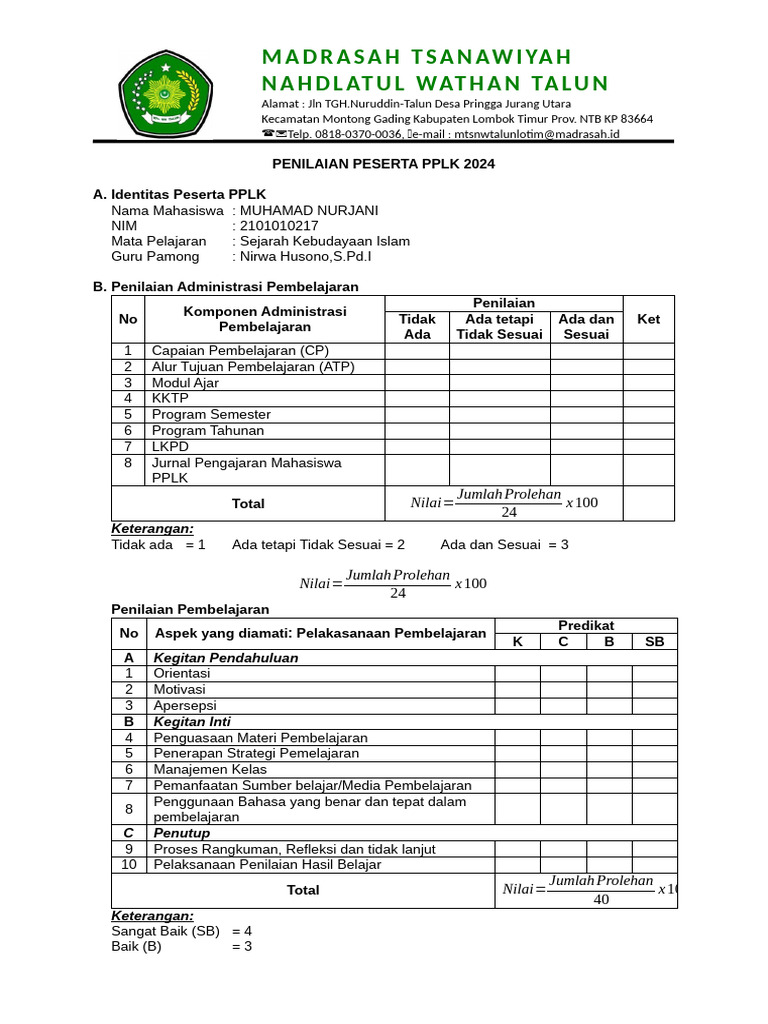 Form Penilaian Peserta PPLK 2024 | PDF