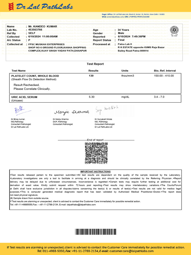 Lab Test Report for Kandeo Kumar | PDF | Pathology | Health Care