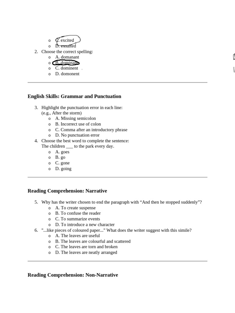 English Skills Assessment for Grade 3 | PDF | Punctuation | Comma