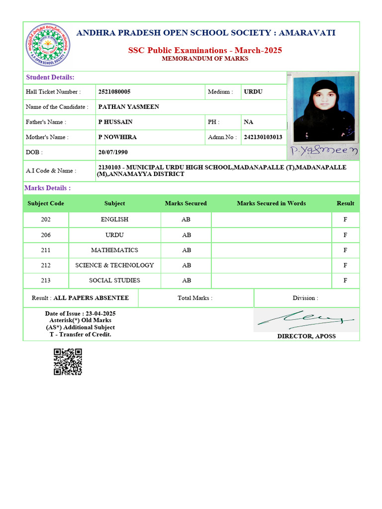 SSC Marks Memo for Yasmeen Pathan | PDF