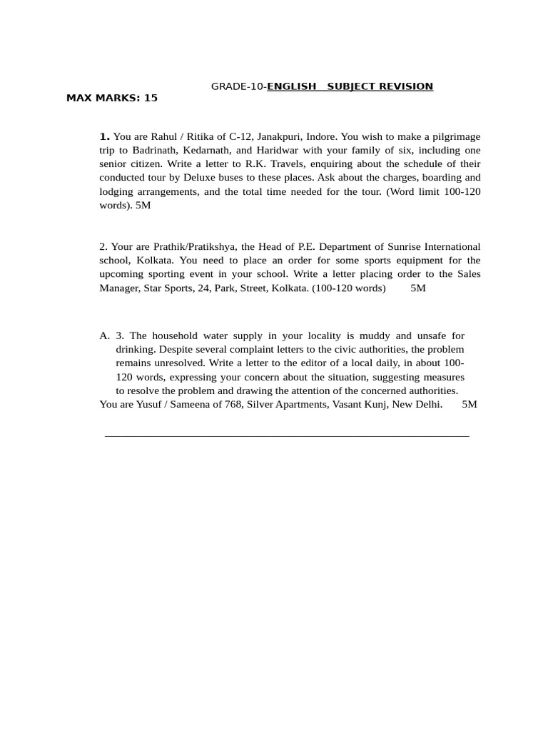 Grade 10 English Revision: Letter Writing | PDF