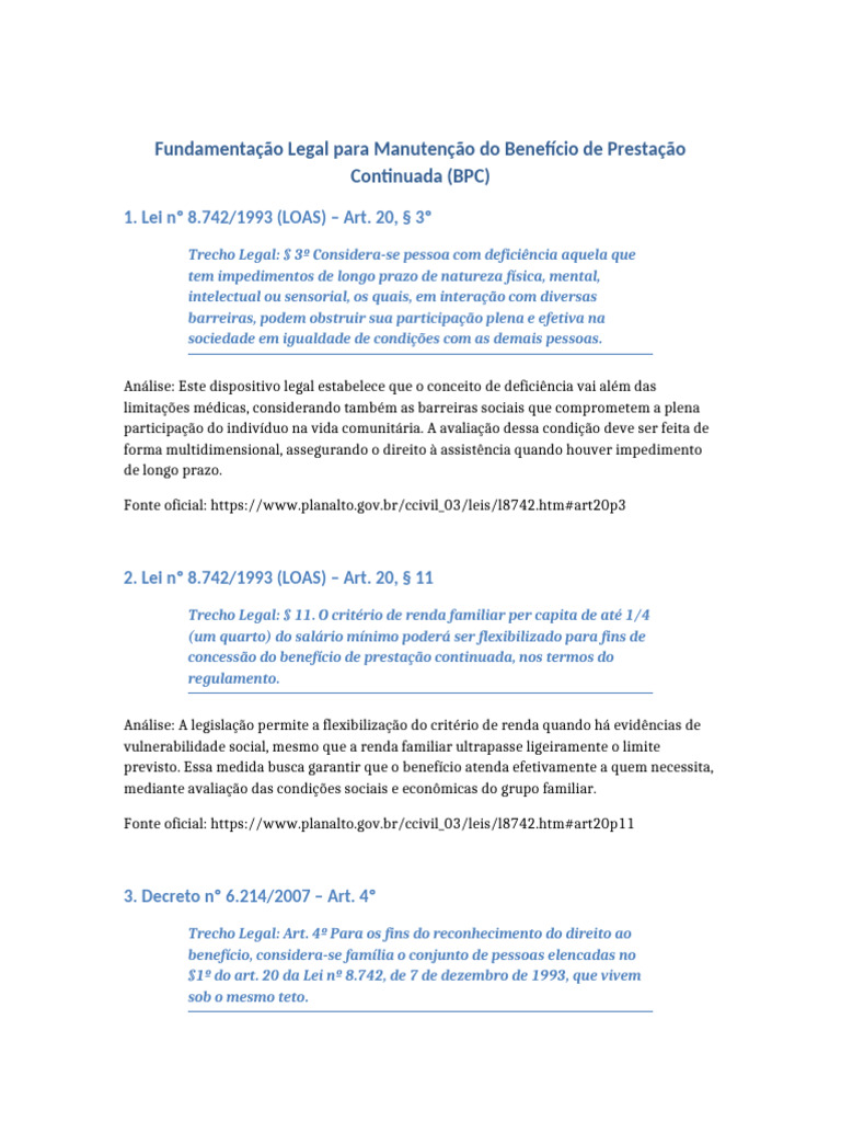 Manutenção do BPC: Fundamentação Legal | PDF | Deficiência | Justiça