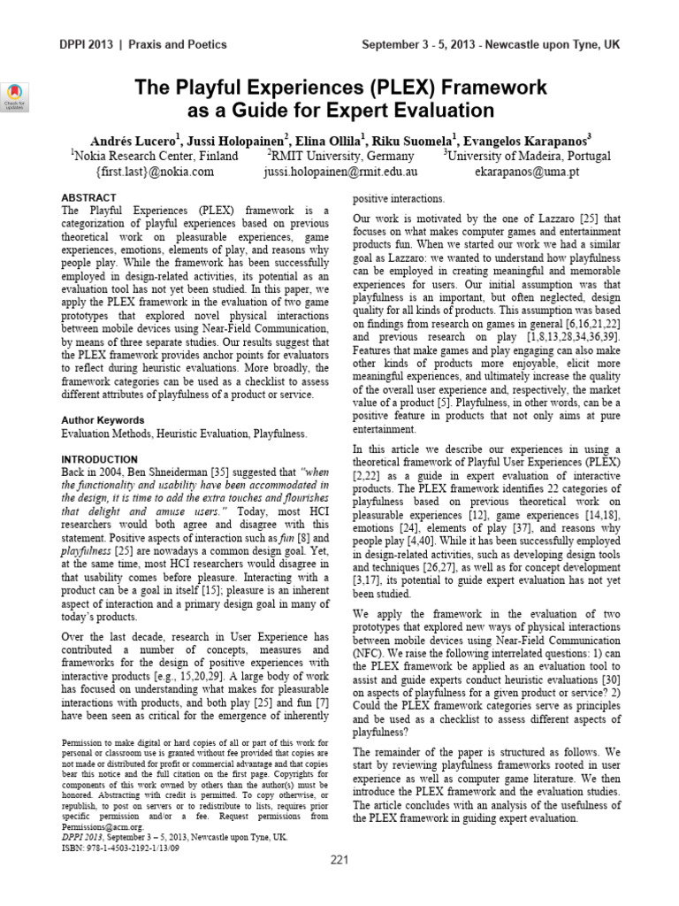 PLEX Framework for Evaluating Playfulness | PDF | Usability | Experience