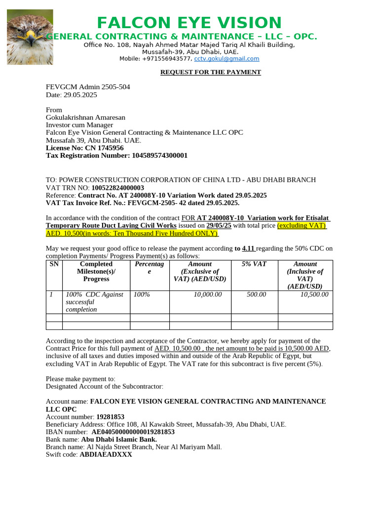 FEV Admin 2505 - 504 AJBAN PV 3 - Variation Civil Work Payment Request  Letter | PDF | United Arab Emirates | Value Added Tax