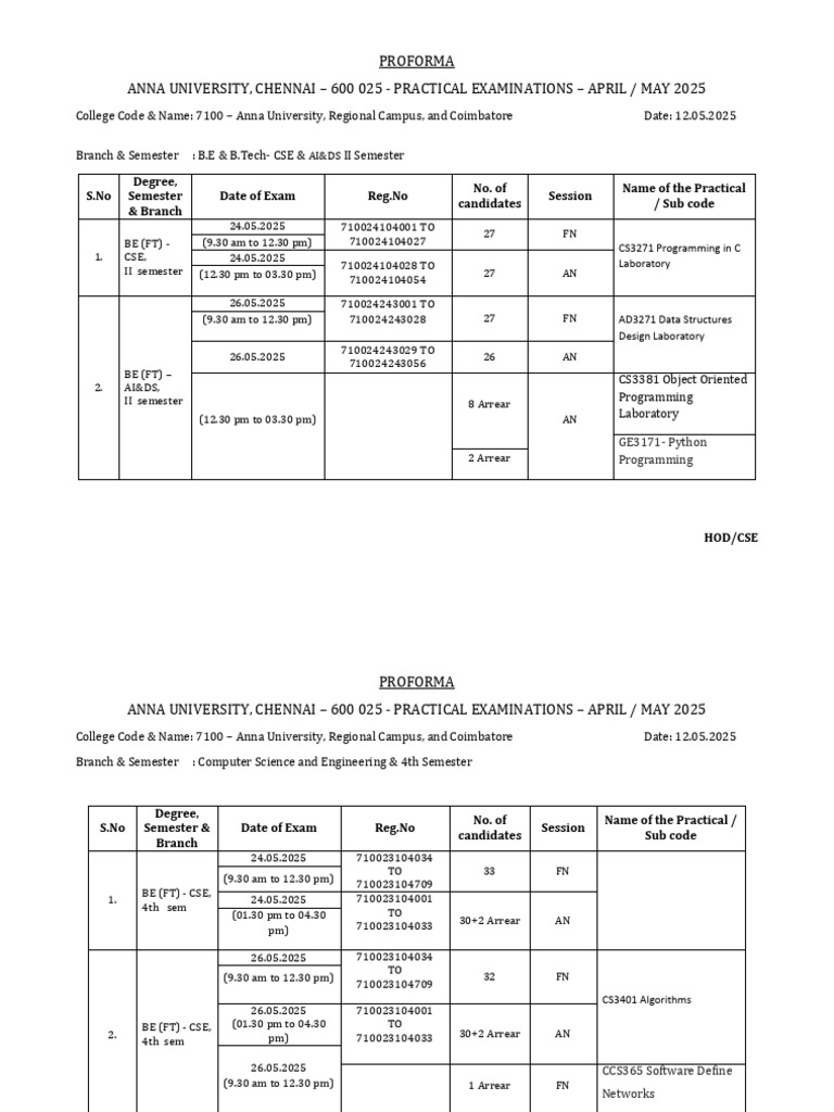 Anna University Practical Exam Schedule 2025 | PDF | Information ...