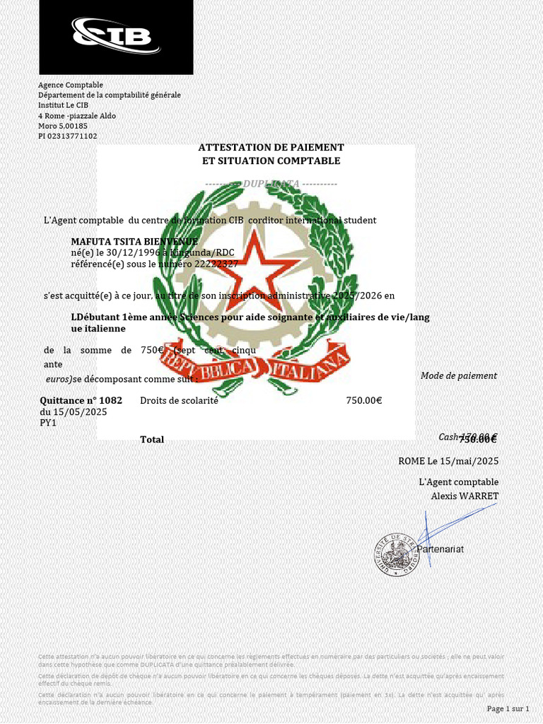 Attestation de Paiement 2025/2026 | PDF | Services financiers