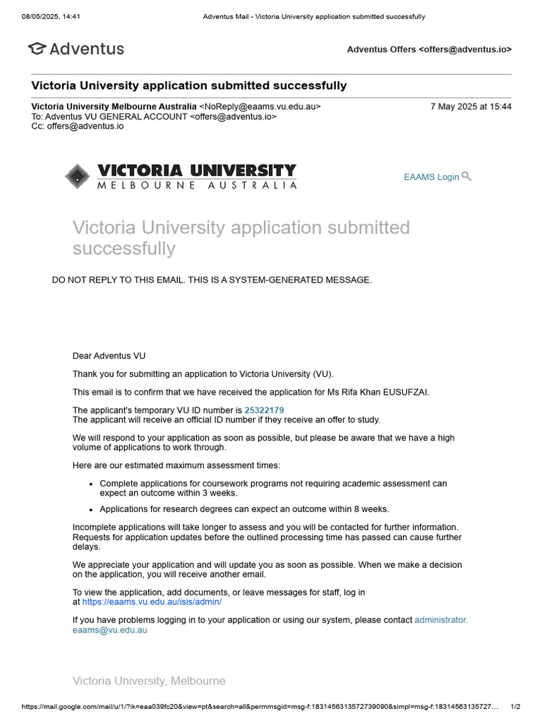Victoria University Application Confirmation | PDF